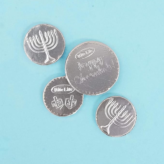 Rite Lite Chanukah Dark Chocolate Gelt Chocolate Large Coins - 24 Bags In a Display Box - .5 Ounces of Chocolate Extra Large Coins 1 Extra Large and 3 Small Coins Pack of 24 Hanukkah (Non Dairy)