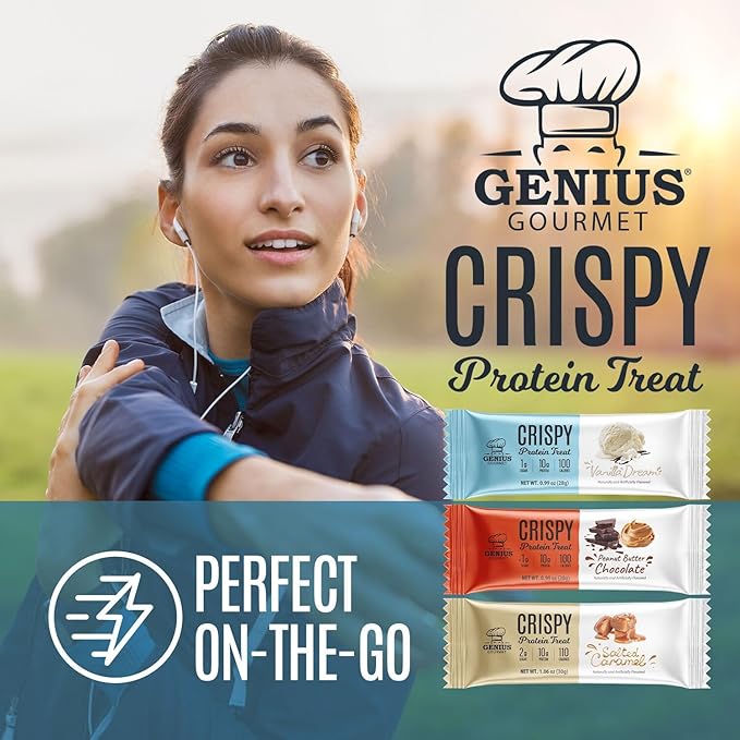 Genius Gourmet Crispy Protein Treat Vanilla Dream Keto Snack Low Carb Low Sugar &amp Gluten Free Protein Snacks for Adults 10G of Whey Protein per Protein Bar 5 Net Carbs On The Go Snack 10