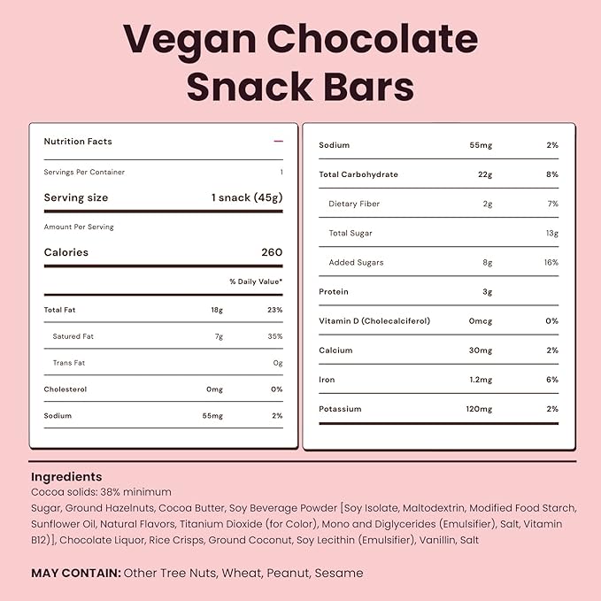 7TH HEAVEN Vegan Chocolate Snack Bars Variety Flavor Chocolate 100% Dairy-Free Kosher Sustainable Fair Trade Cocoa 1.6 oz each 8 Packs