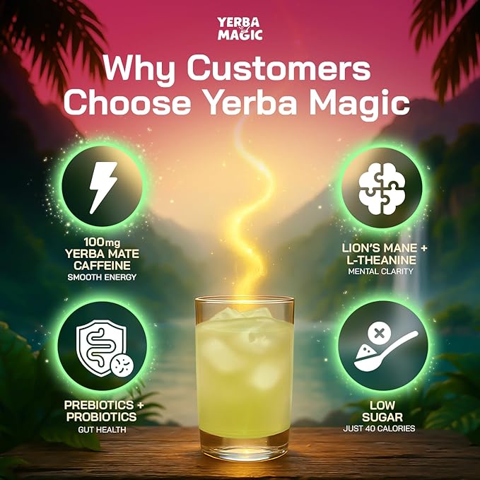 Brainista Yerba Magic Yerba Mate Tea Instant Powder Drink with Nootropics Pre &amp Probiotics Clean Energy Mental Clarity &amp Gut Wellness Low Sugar Natural Caffeine Strawberry Matcha 30 Se