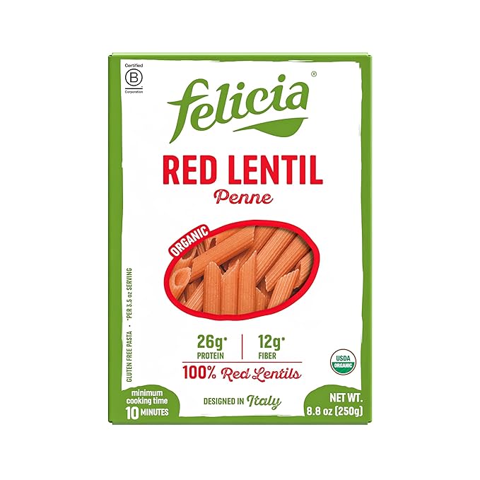 Felicia Gluten Free Pasta Red Lentil Penne 26G Protein per Serving Organic High Protein and Fiber Noodles Designed in Italy Plant Based Made From 100% Lentils Non GMO 8.8 Oz 6 Boxes