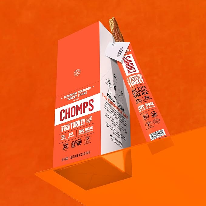 Chomps Pepperoni Turkey Jerky Meat Snack Sticks 10-Pack - Keto Paleo Low Carb Whole30 Approved 12g Lean Meat Protein Gluten Free Antibiotic Free Zero Sugar Food