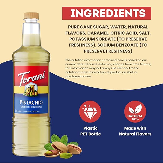 Torani Pistachio Coffee Syrup 1 Liter Bottle with Pump Dispenser – Flavored Syrup with Pure Cane Sugar &amp Natural Pistachio Essence – Perfect for Lattes Desserts &amp Cocktails