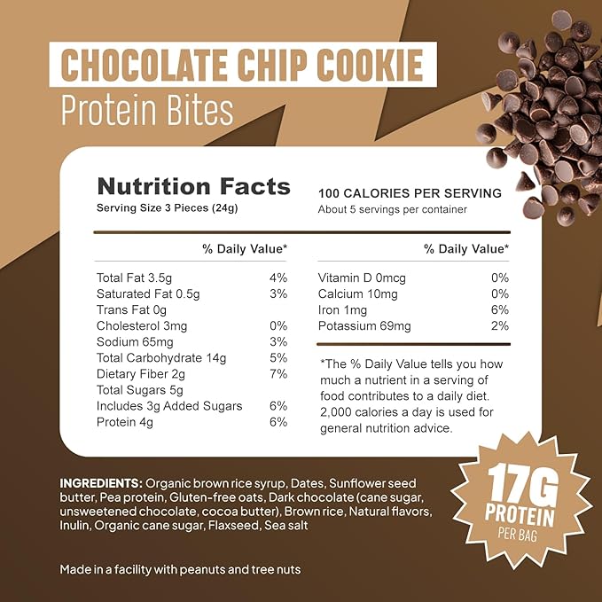 McCaffrey Protein Bites – Chocolate Chip Cookie Dough Flavor – 6 Multi-Serving 4oz Bags – 4g of Protein per Serving – Gluten-Free Vegan High Fiber Energy Snack for Active Families