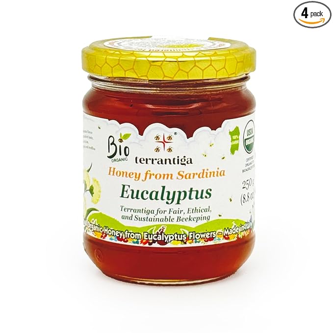 WellEatable Eucalyptus Organic Raw Honey from Eucalyptus Flowers Artisanal Complex Balsamic Honey from Sardinia Italy - 4 x (250gr) 8.81 Ounce (Pack of 4)