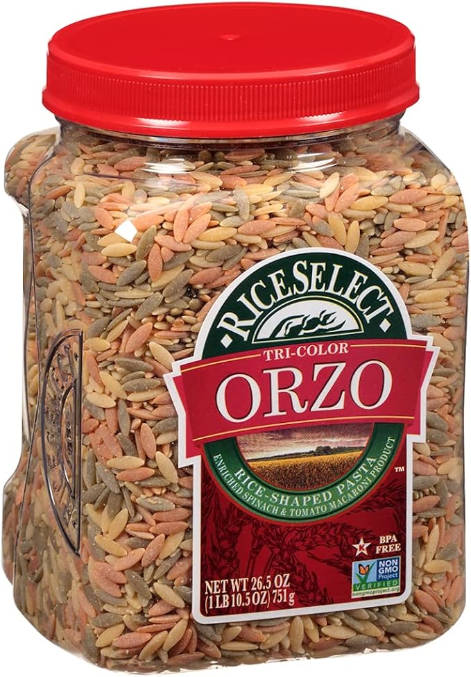 RiceSelect Tri-Color Orzo Pasta Non-GMO 26.5 oz (Pack of 4 Jars)