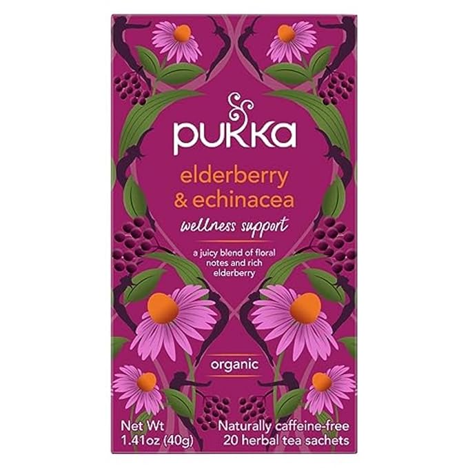 Pukka Elderberry &amp Echinacea Organic Herbal Tea Perfect for Wellness Support Caffeine Free 80 Total Tea Bags (20ct - Pack of 4)