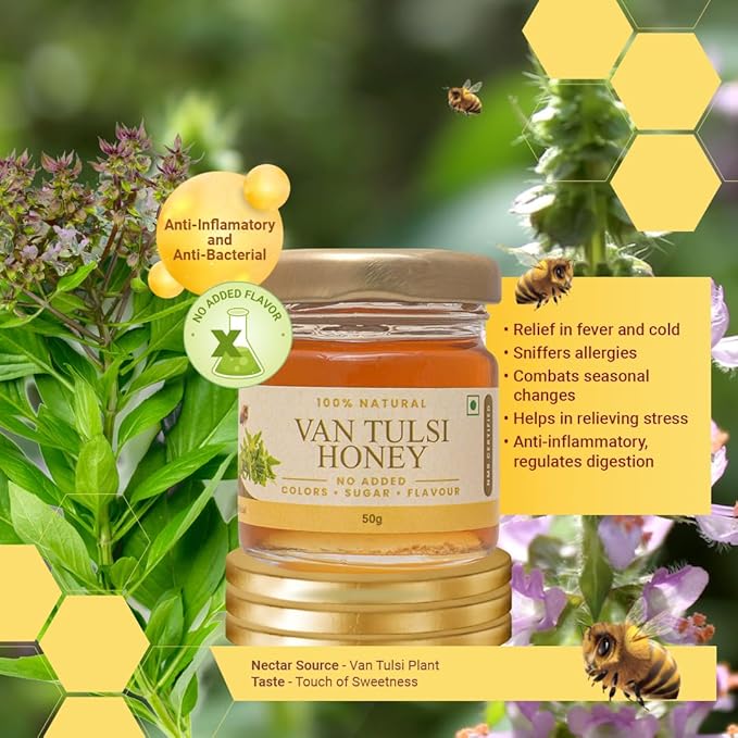 Shiva Organic's Van Tulsi Nectar Honey - NMR Tested Natural Honey No Added Sugar Flavorful - 1.76 Ounce (50g)