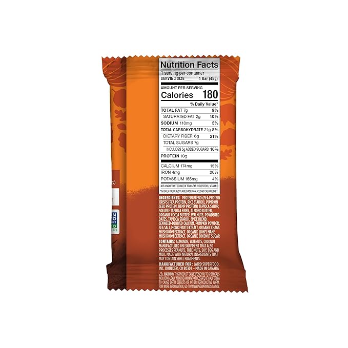 Laird Superfood Functional Protein Bars – Protein Bar but Better with Real Ingredients Functional Mushrooms 10g Plant-Based Protein 6g Fiber - Non-GMO - Pumpkin 10 Count (Pack of 1)