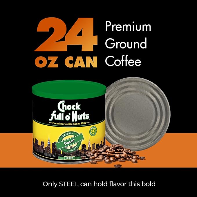Chock Full o' Nuts Heavenly Original Decaf Ground Coffee – Premium Beans in Recyclable Steel Can – Rich Flavor &amp Aroma Medium Roast – Perfect for Drip Pour-Over Percolator – 24 Oz Can