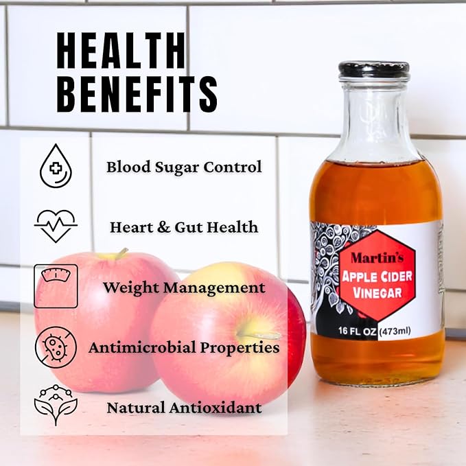 Slide Ridge Martin's Honey Apple Cider Vinegar | Crispy &amp Sweet | Wellness Kitchen &amp Household Staple | 16 oz (Pack of 4)