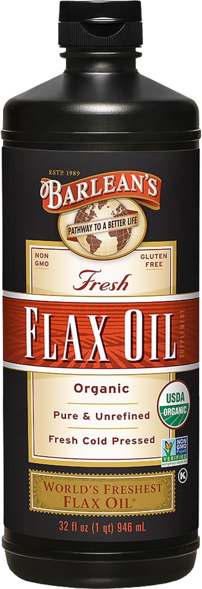 Barlean's Organic Flaxseed Oil Liquid Supplement Cold Pressed 7640mg ALA Omega-3 per Tbsp Vegan and Gluten Free 32 oz