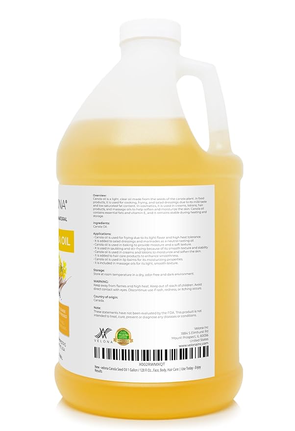 velona Canola Seed Oil 1 Gallon / 128 Fl Oz | 100% Pure and Natural Carrier Oil | Refined Expeller pressed | Cooking Dressing Skin Face Body Hair Care | Use Today - Enjoy Results