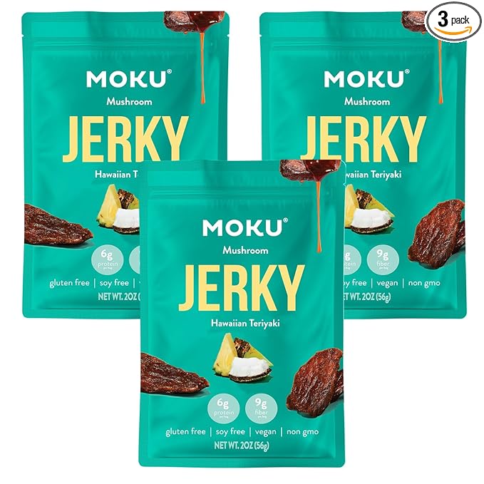 Moku Plant-Based Mushroom Jerky Vegan Gluten Free Soy-Free Non-Gmo No Artificial Sweetener Healthy Snacks 2.0 Oz Ea (3 Count Hawaiian Teriyaki)