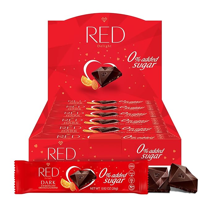 RED Delight®™ Orange and Almond Dark Chocolate 12 Count Box of Grab N Go Travel Size Bars (0.92 Ounces Each) (1 Box - Total of 12 Bars)