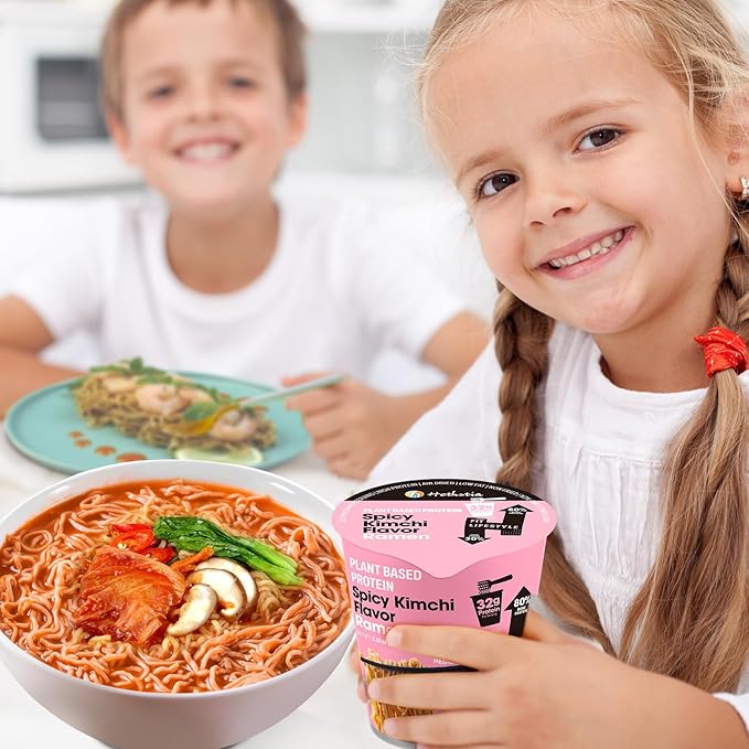 Hethstia Protein Ramen Spicy Kimchi Flavor 6-Pack Instant Healthy Noodle Soup Cups 32g Plant Protein Vegan Pre-Packaged Ramen Meal Low Fat Non-GMO Non-Fried Air-Dried Healthy Noodle Broth