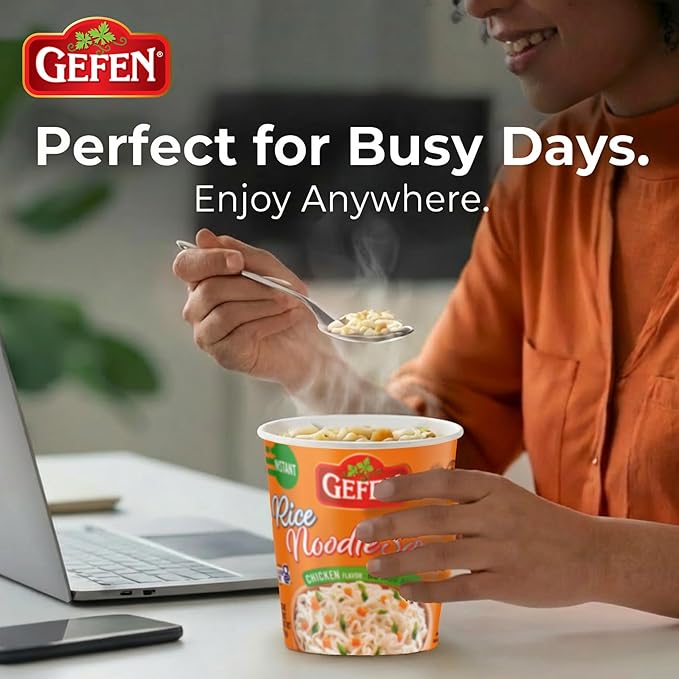 Gefen Gluten Free Instant Rice Noodle Soup Cup 2.3oz (12 Pack) | No MSG Imitation Chicken Soup Flavor Made with Rice Noodles Dairy Free Meat Free Kosher Just Add Hot Water &amp Serve