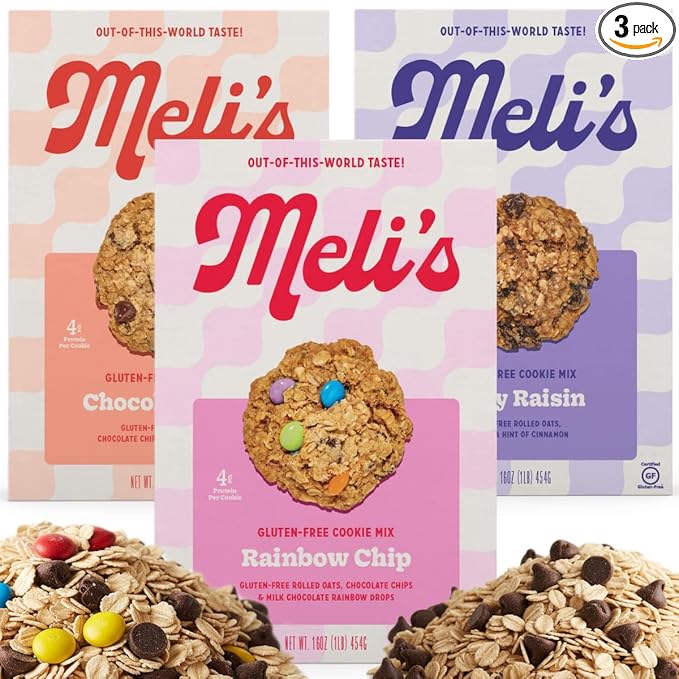 Meli’s Gluten Free Cookie Mix Cookies Variety Pack - Chocolate Chip Rainbow Chip &amp Oatey Raisin High Protein Baking Mix Easy Bake Oven Mixes for Sweet Treats &amp Desserts 16oz Box3-Pack