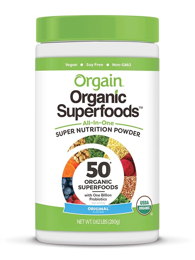 Orgain Organic Vegan Meal Replacement Protein Powder Creamy Chocolate Fudge (2.03lb) Organic Greens Powder + 50 Superfoods (0.62lb) Bundle
