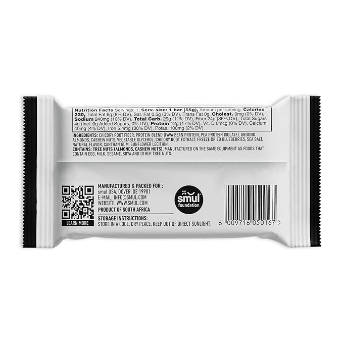 smul Plant Based Protein Bar – Blueberry Cashew – 12g Protein Only 4g Sugar Gluten Free Non-GMO Vegan Dairy Free – High Fiber Snack to Satisfy and Sustain – 12 Pack