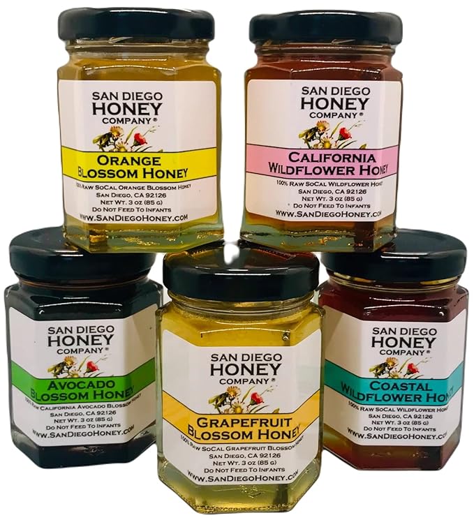 THE FLORAL HONEY COLLECTION by San Diego Honey Company Honey Taster Flight 5 x 3oz Jars Raw Honey Variety Sampler Pack