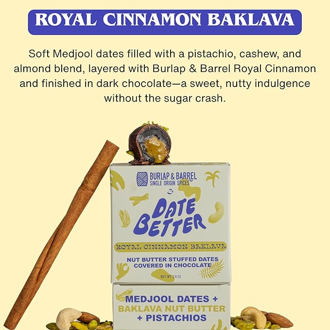 Date Better Royal Cinnamon Baklava Stuffed Medjool Dates - Dark Chocolate-Covered Dates Filled With Baklava Nut Butter &amp Pistachios | No Artificial Sweeteners Gluten-Free &amp Vegan (6-Pack)