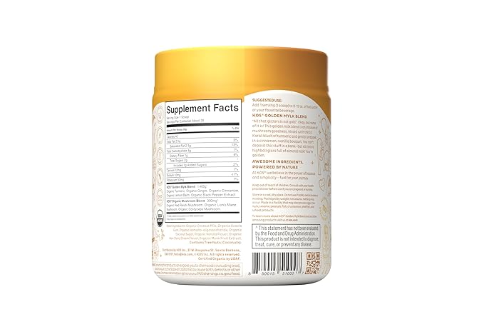 KOS Golden Mylk with Tumeric and Ginger Organic Superfood Latte Powder Adaptogen Mushroom Blend - Coffee Creamer Dessert &amp Smoothie - Caffeine Free Vegan Dairy-Free Gingerbread Chai 28 Serv