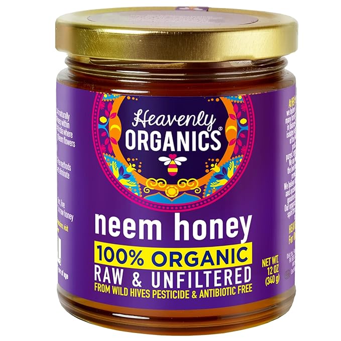 Heavenly Organics 100% Organic Raw Neem Honey 2 Pack - Size 12Oz/Jar Lightly Filtered to Preserve Vitamins Minerals and Enzymes Made from Wild Beehives &amp Free Range Bees Dairy Nut Gluten Free