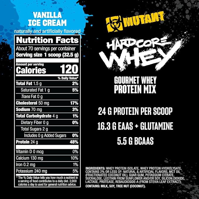Mutant Hardcore WHEY | 100% Pure Whey Protein | 24g Protein Fast-digesting whey Protein Isolate Plus whey Protein hydrolysate | 70 Servings | 5 LB | Vanilla