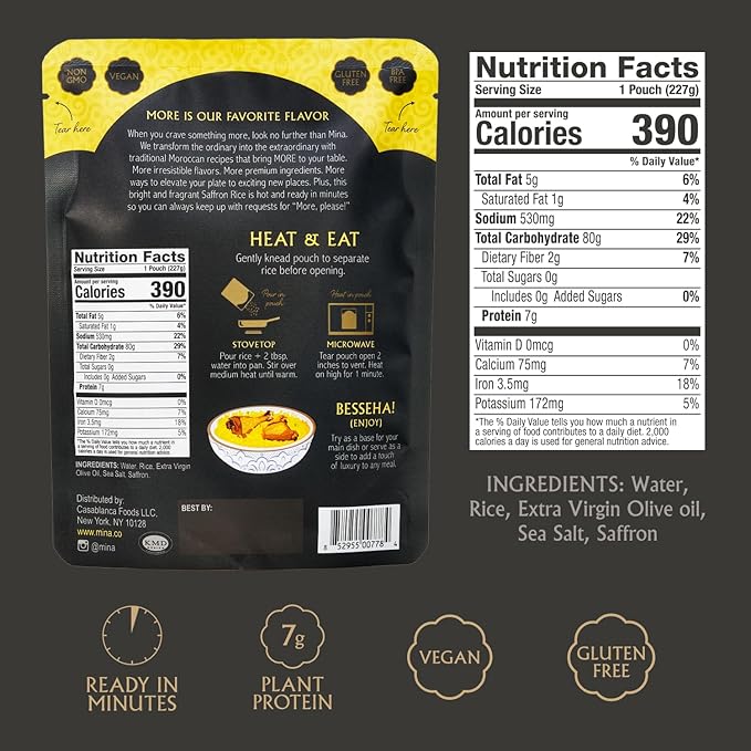 Mina Saffron Rice Yellow Rice With Extra Virgin Olive Oil Ready to Eat Rice Pilaf Side Dishes Microwave Rice Vegan Protein Non-GMO Gluten-Free Kosher 8 oz (Pack of 6)