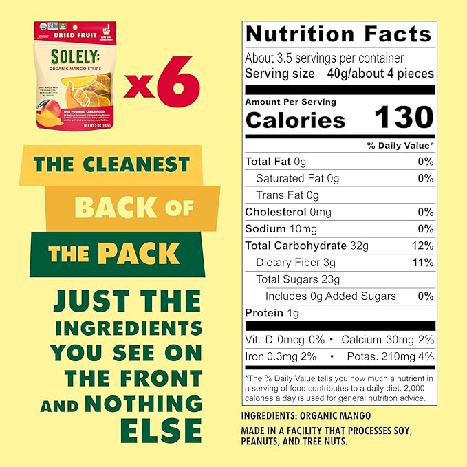 SOLELY - Organic Dried Mango Strips with Chili and Salt (2.8 oz Resealable Bags Pack of 4) Real Fresh Fruit - Healthy Snacks for Adults &amp Kids - Non GMO Vegan Snacks Shelf Stable - 4 Bags (11.2