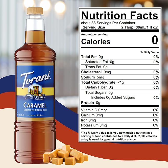 Torani Sugar Free Caramel Coffee Syrup 1 Liter Bottle with Pump Dispenser – Zero Calorie Flavored Syrup for Lattes Teas Cocktails &amp Desserts – Premium Quality