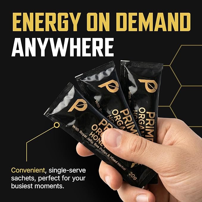 Prime Organics Honey Pack Honey for Men with Jelly Bee Pollen Tongkat Ali Ginseng Maca Tribulus Packet Supplement for Energy Stamina Vitality 20 g Sachets Pack of 10