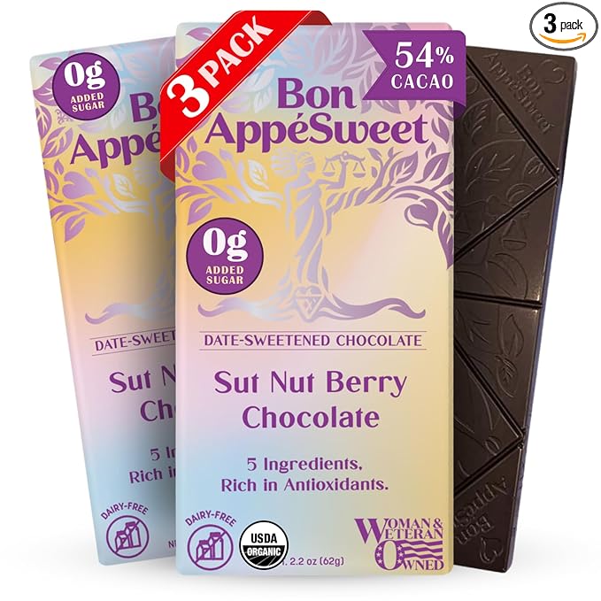 Bon Appesweet Date Sweetened Chocolate Bar - Sut Nut Berry Chocolate | 2.2 Ounce (Pack of 3) | Organic Zero Added Sugar 54% Cacao Plant Based Dairy Free and Guilt Free!