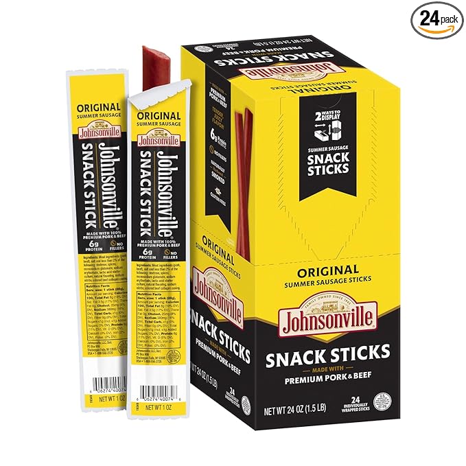 Johnsonville Summer Sausage Snack Sticks - Dairy Free Gluten Free Protein Snacks Jerky Snack Packs - Original 1 oz. 24-Pack