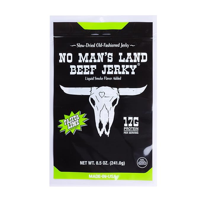 No Mans Land Beef Jerky - Fajita Lime | Slow-Dried Smoked &amp Seasoned Jerky Strips | High Protein Low Carb Low Calorie Beef Snack | Gluten Free - 8.5oz Bag