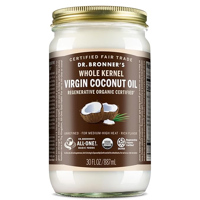 Dr. Bronner's - Organic Virgin Coconut Oil (Whole Kernel 30 Ounce) - Coconut Oil for Cooking Baking Hair and Body Unrefined and Fresh-Pressed Rich and Nutty Flavor Fair Trade Vegan Non-GMO