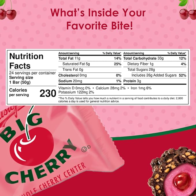 Big Cherry Candy Bars Pack of 24 - Whole Real Cherry Coated with Chocolate and Topped with Chopped Roasted Peanuts - Individually Wrapped Nostalgic/Retro Candy - Kosher Certified Delicious Candies