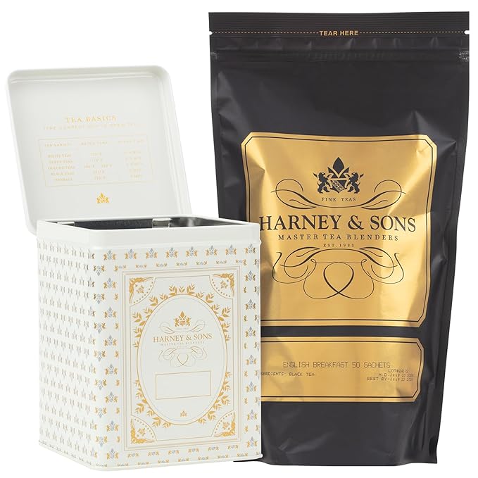 Harney &amp Sons English Breakfast Tea &amp Cream Tea Canister 50ct sachet &amp Storage Tin Set