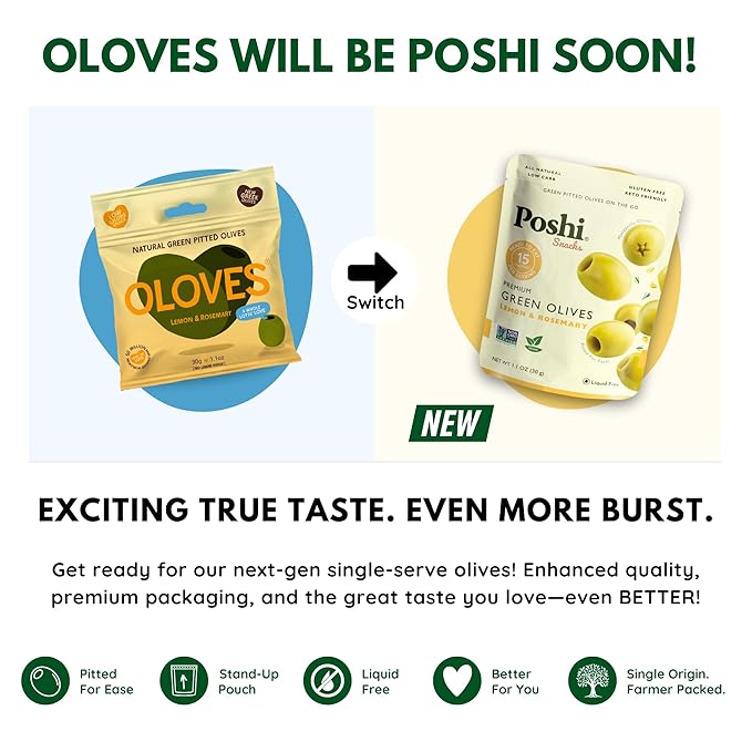 Poshi Green Pitted Olives | Lemon &amp Rosemary | Vegan Kosher Gluten Free + Keto Friendly Fresh All Natural Low Calorie Healthy Snacks | (30 Pack 1.1oz Bags)