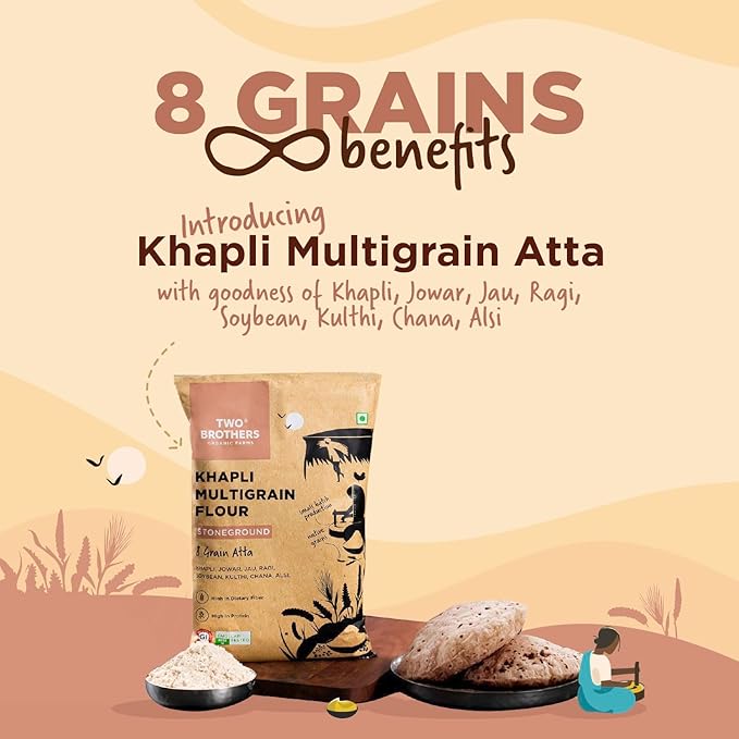 Khapli Multigrain Atta | Emmer Flour | 8 Super Grains Flour Mix | Diabetic Friendly | High Fibre &amp High Protein | Low GI Atta | Emmer Jowar Jau Ragi Soybean  Chickpea | 2kg from Two Brothers