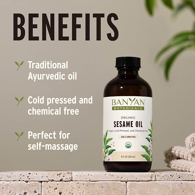 Banyan Botanicals Organic Unrefined Sesame Oil – Rich &amp Warming Ayurvedic Massage Oil for Body &amp Scalp – Traditional Abhyanga Oil for Deep Tissue Grounding &amp Recovery – 24 oz – USDA Organi