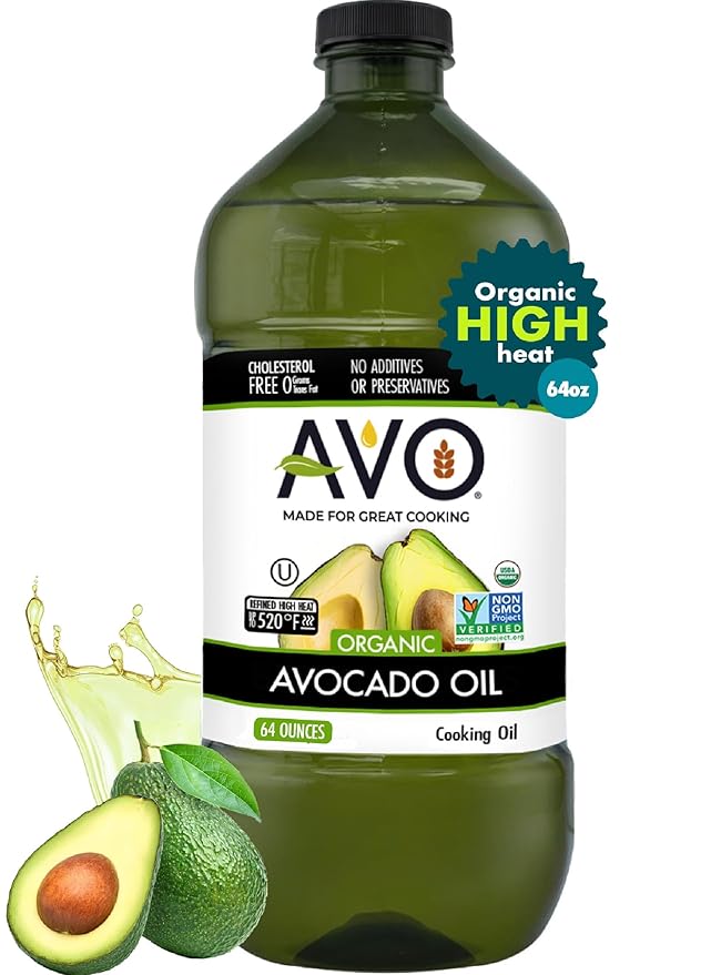 AVO Organic Avocado Oil for Cooking Frying Baking Salads Vinaigrette Marinades - General Organic Cooking Oil 64 Fl-oz (Half a Gallon) NO preservatives added High Smoke Point 500°F