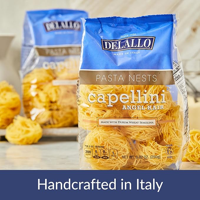 DeLallo Capellini Angel Hair Pasta Nests Made in Italy Made with Durum Wheat Semolina Non-Enriched Flour All Natural Kosher Non-GMO Preservative Free 8.82 oz Bag (3 Pack)