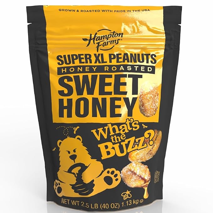 Hampton Farms - Super Extra-Large Sweet Honey Roasted Peanuts – 40 oz Resealable Bag – Crunchy Glazed Snack for Charcuterie Boards Lunches &amp Sweet-Salty Cravings (1 Pack)