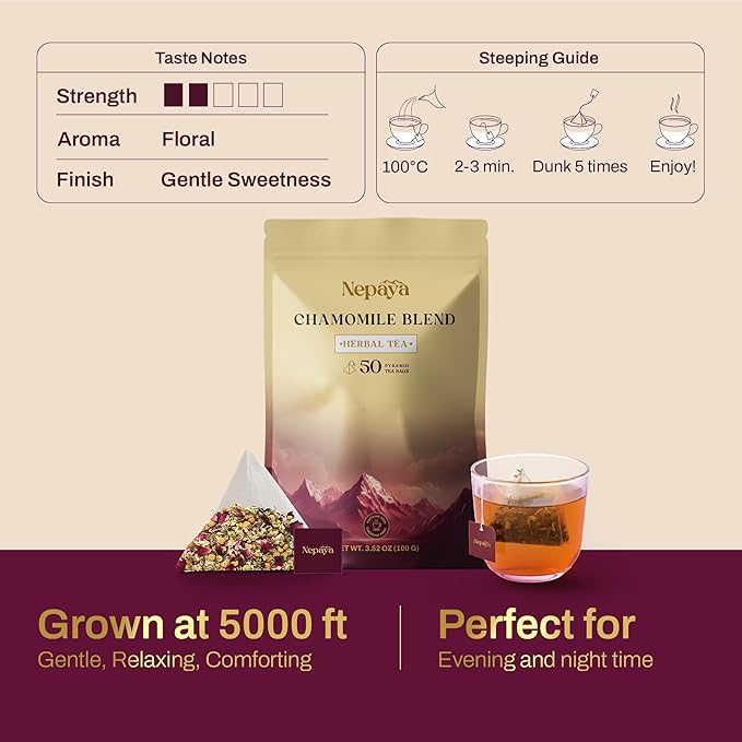 Nepaya Chamomile Herbal Tea Bags – 50 Count Pyramid Bags Himalayan Chamomile &amp Lemongrass Blend Biodegradable Caffeine-Free Sleep Tea for Relaxation and Bedtime Calm from Nepal