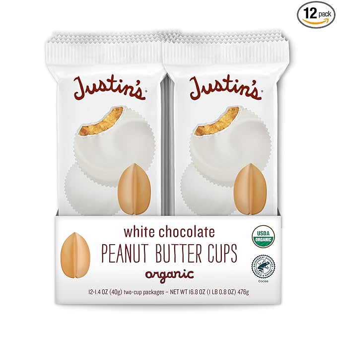 Justin's Organic White Chocolate Peanut Butter Cups Rainforest Alliance Certified Cocoa Gluten-free Responsibly Sourced 1.4 Ounce (Pack of 12)