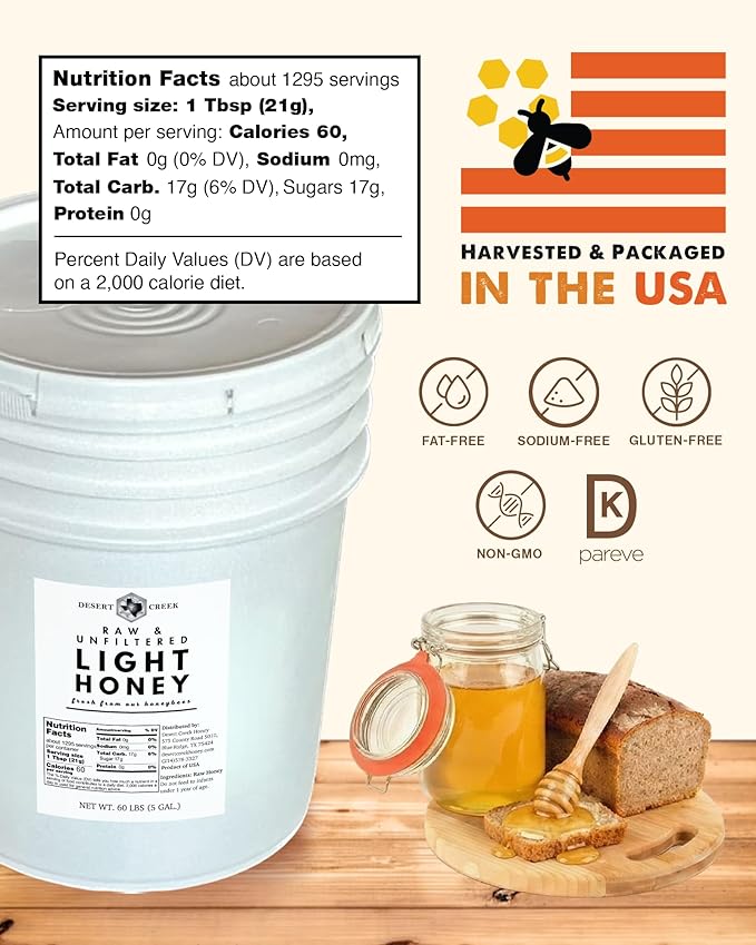 Desert Creek Honey Light Clover - Unfiltered Raw Honey - 5 Gallons of Bulk Unprocessed Unpasteurized - Made in America - Harvested by Our Own Beekeepers - Light and Mild Flavor