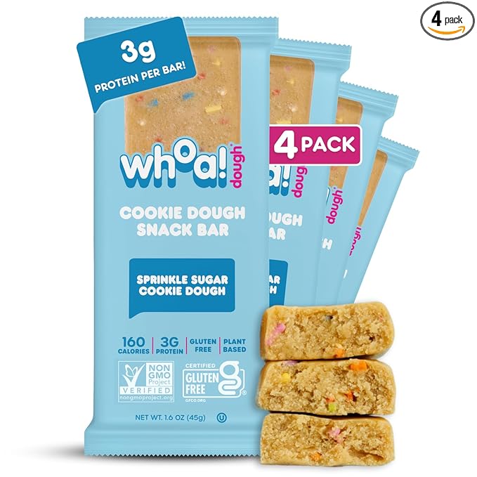 Whoa Dough Edible Cookie Dough Bars- Certified Non-GMO Kosher and Gluten Free Bars - Healthy Snack Foods - Plant Based Snacks Made With Real Ingredients - Sprinkle Sugar Cookie Dough - 4 Pack
