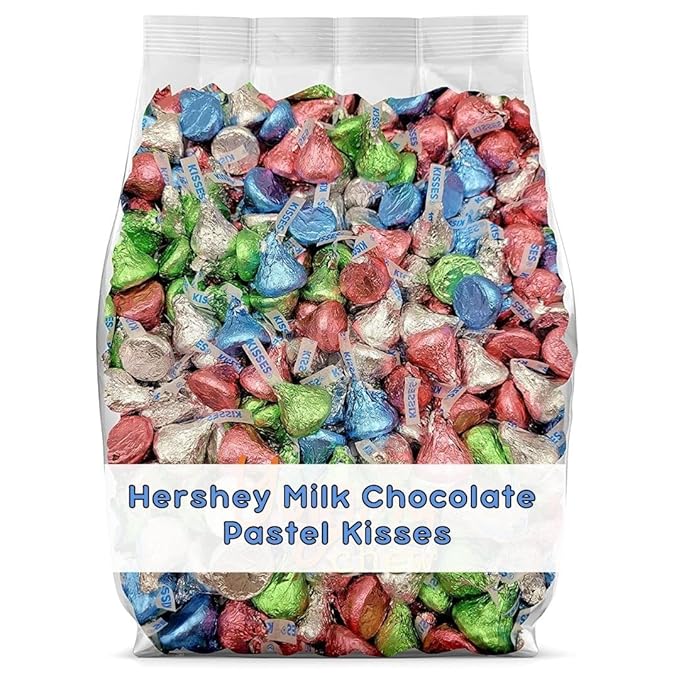 Easter Kisses Milk Chocolate (2 LB.) Bulk Wrapped in Beautiful Pastel Blue Pink Green &amp Silver Foil